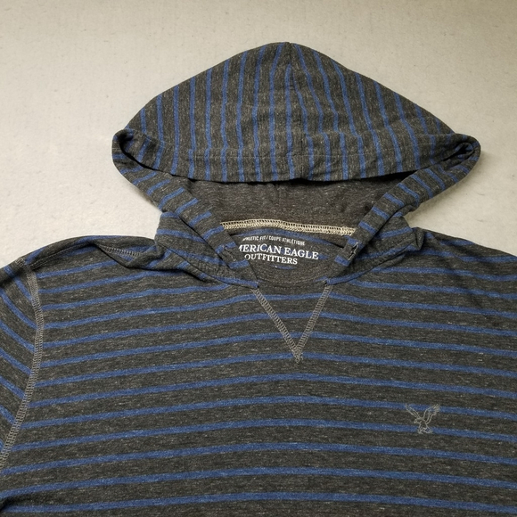 American Eagle Hoodie Mens Size XL Gray Blue Striped Pullover Hooded Shirt - Picture 2 of 10